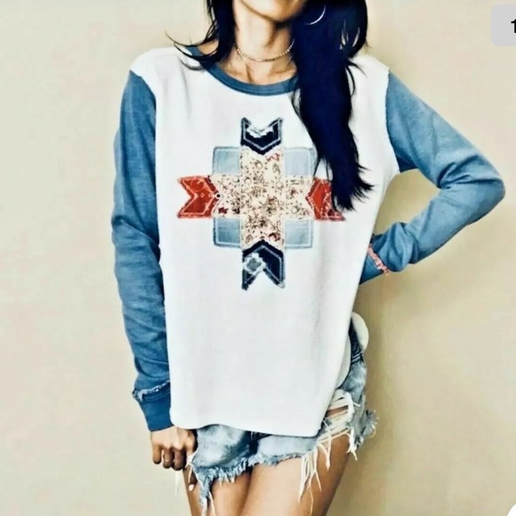 NWT Free People Lonestar Boho Patchwork Waffle Tee - Picture 3 of 7